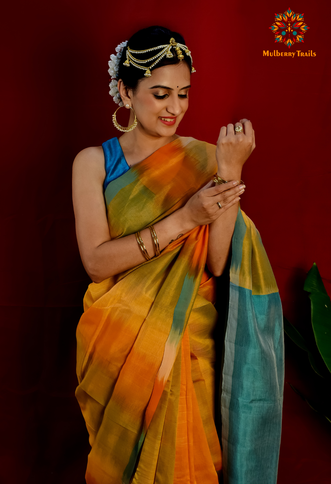 Siya - Orange Blue Cotton Silk Saree