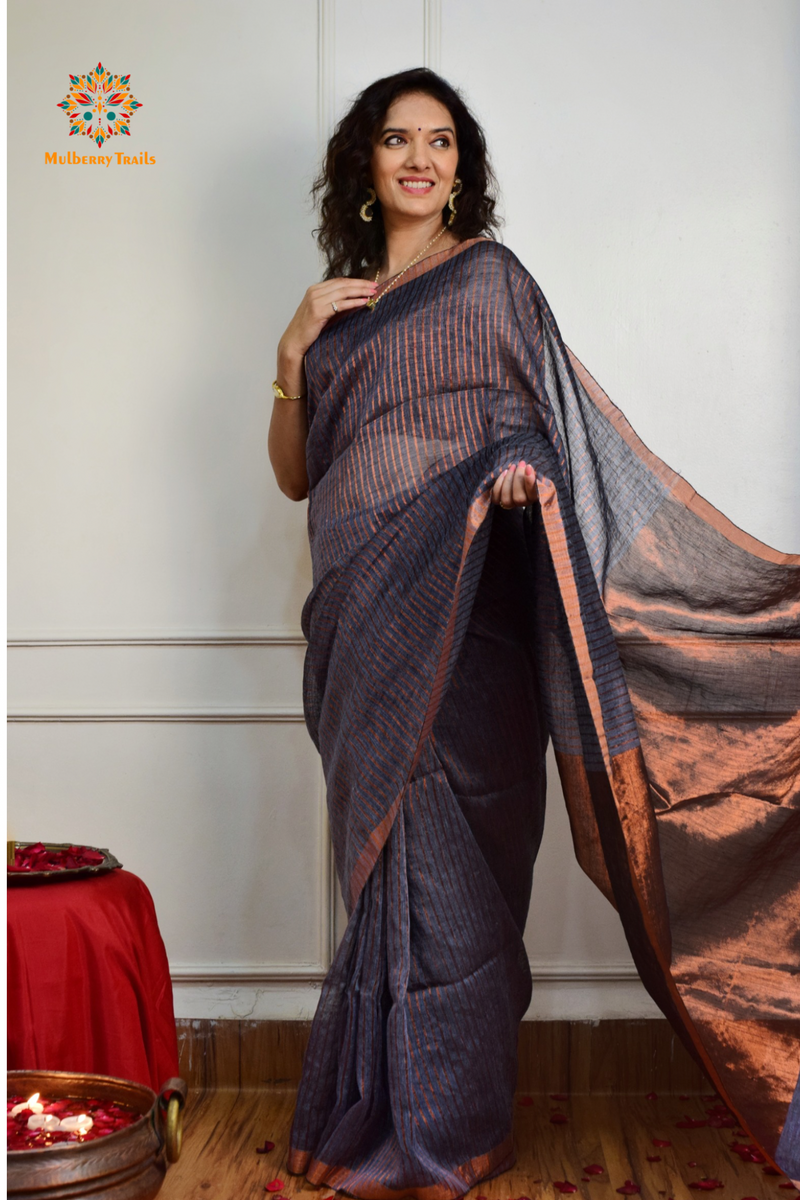 IRA: Premium Linen Sarees with Copper Zari - Grey