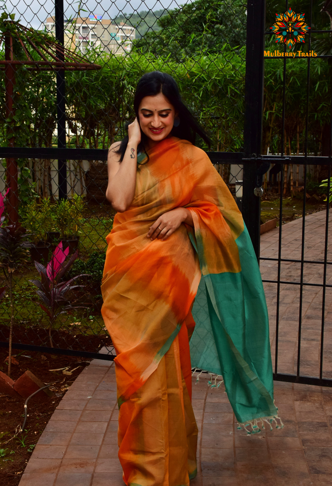 Siya - Orange Blue Cotton Silk Saree