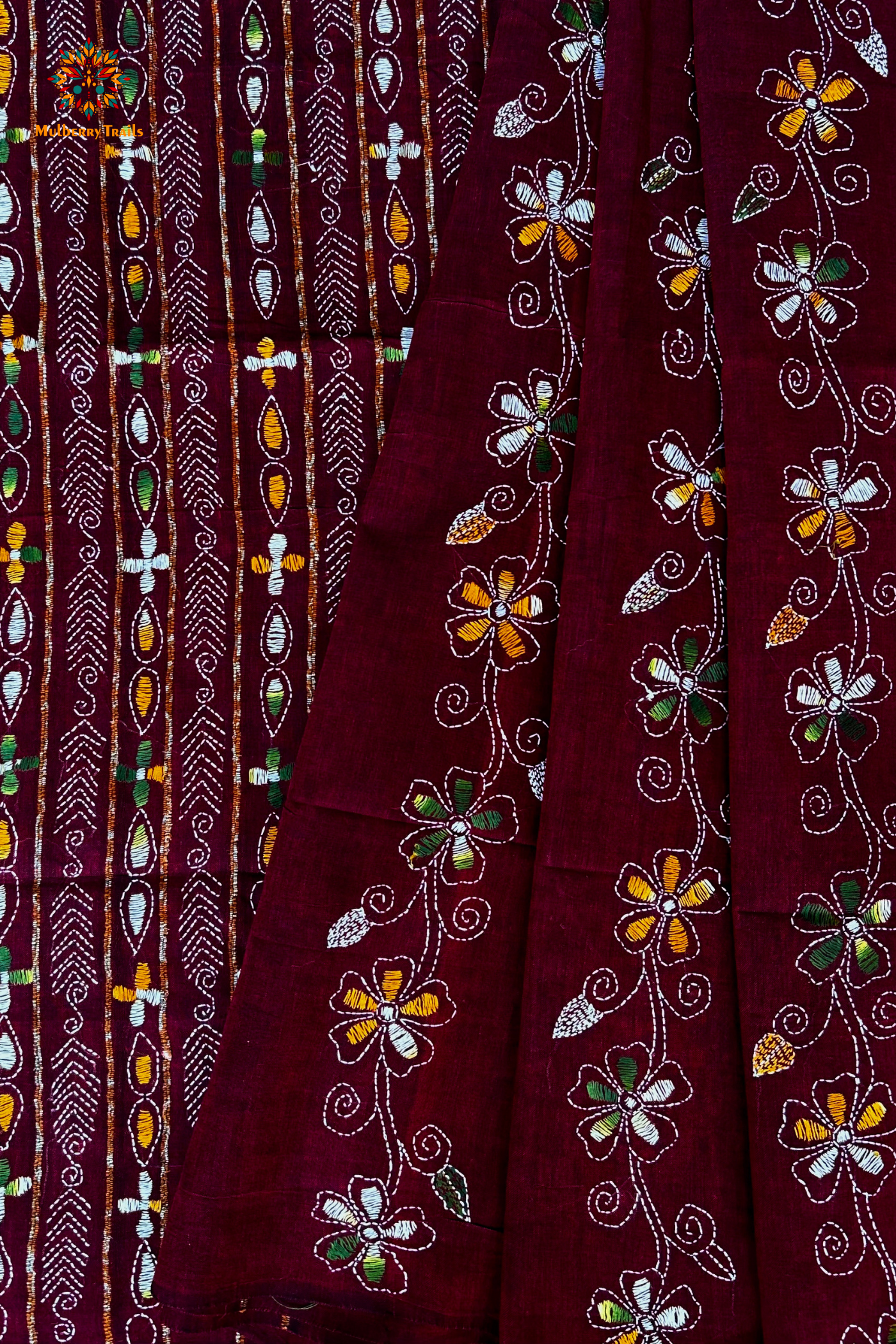 Vipas: Cotton Handloom Saree with Kantha Embroidery