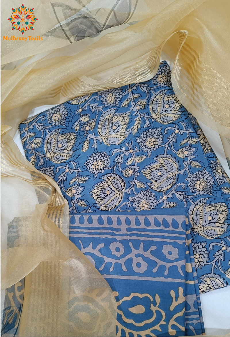 Trikaya Cotton Dress Material with Organza Dupatta - Blue
