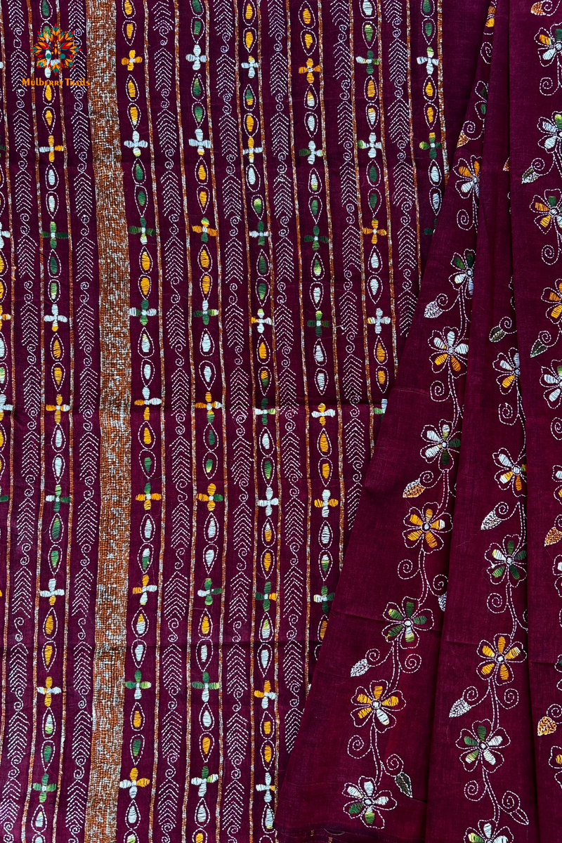 Vipas: Cotton Handloom Saree with Kantha Embroidery