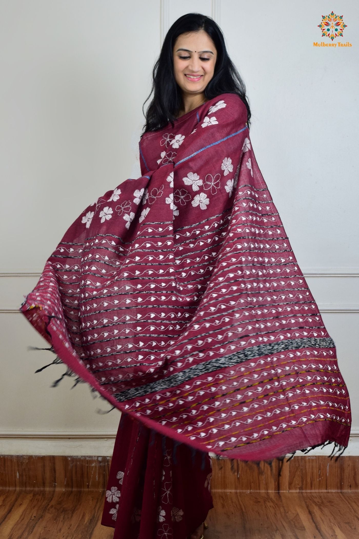 Vipas: Cotton Handloom Saree with Kantha Embroidery