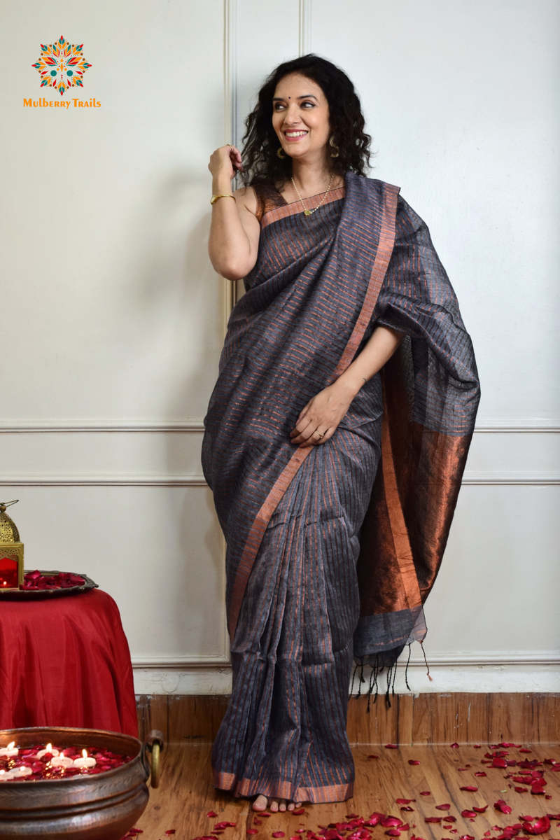 IRA: Premium Linen Sarees with Copper Zari - Grey