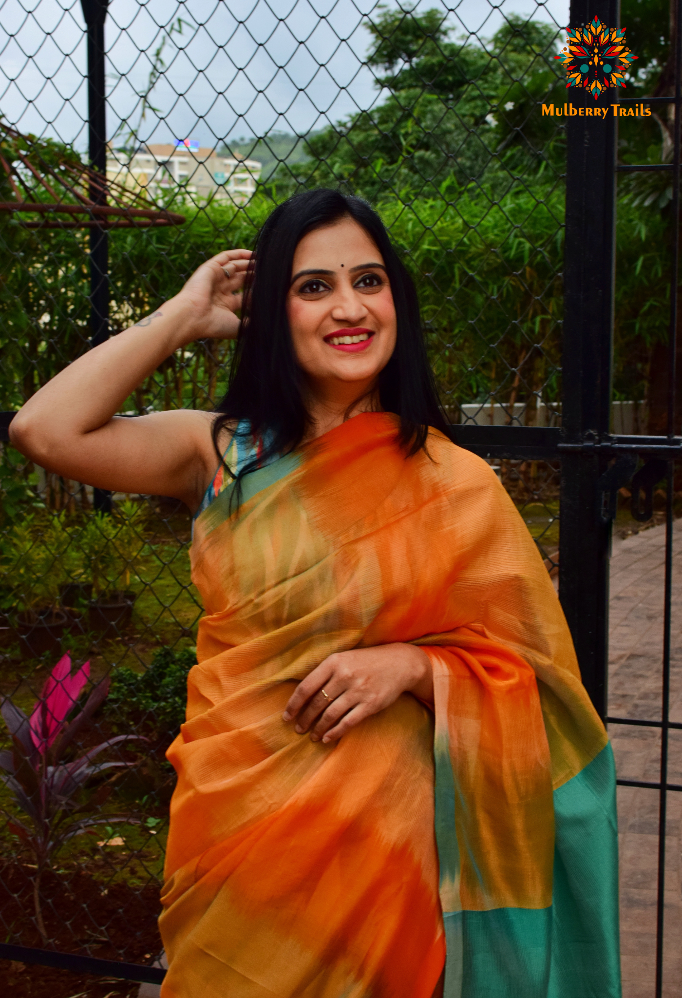 Siya - Orange Blue Cotton Silk Saree