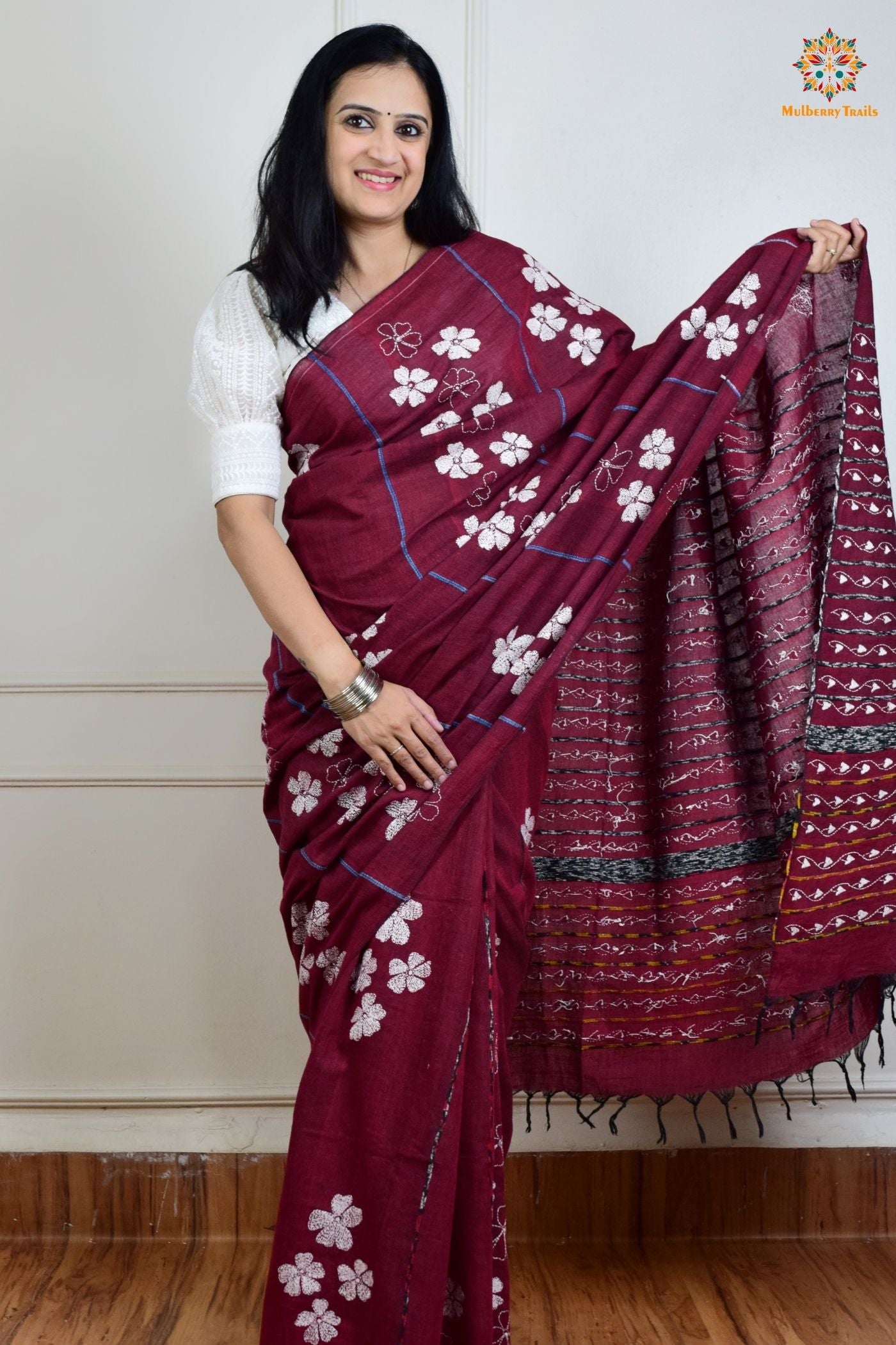 Vipas: Cotton Handloom Saree with Kantha Embroidery