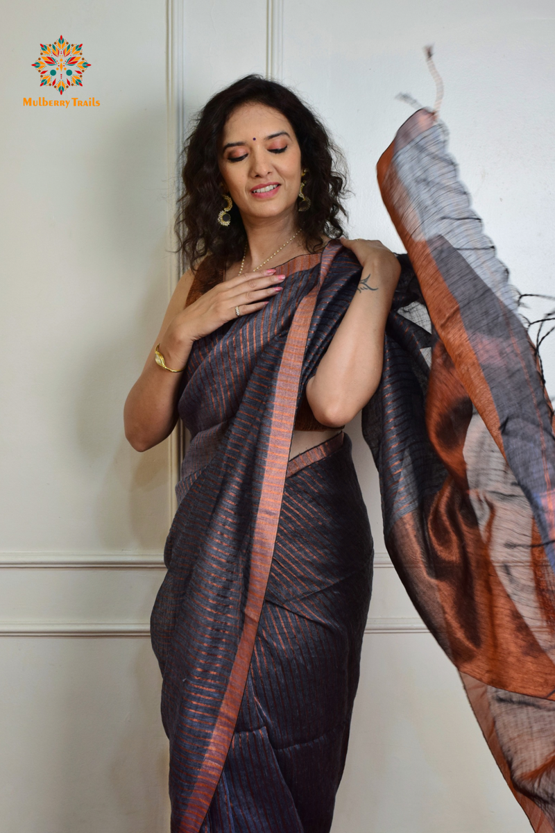 IRA: Premium Linen Sarees with Copper Zari - Grey