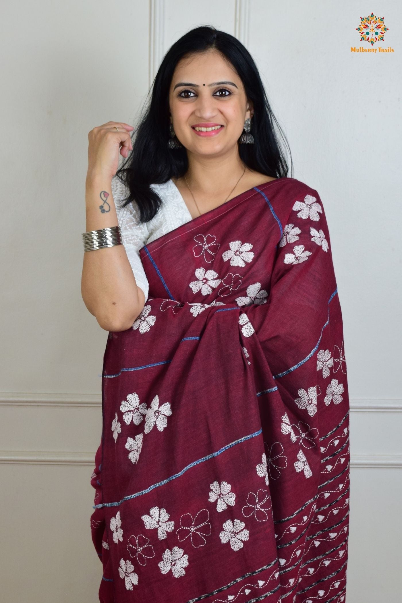 Vipas: Cotton Handloom Saree with Kantha Embroidery