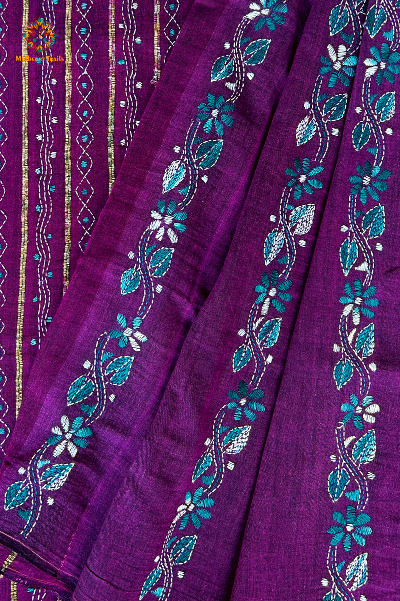 Vipas: Cotton Handloom Saree with Kantha Embroidery - Purple Blue