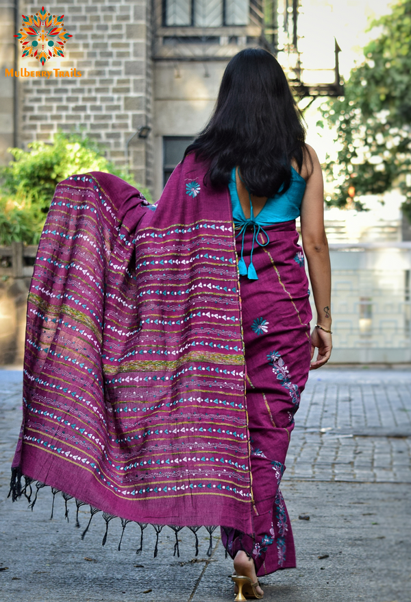 Vipas: Cotton Handloom Saree with Kantha Embroidery - Purple