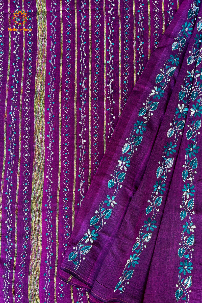 Vipas: Cotton Handloom Saree with Kantha Embroidery - Purple Blue