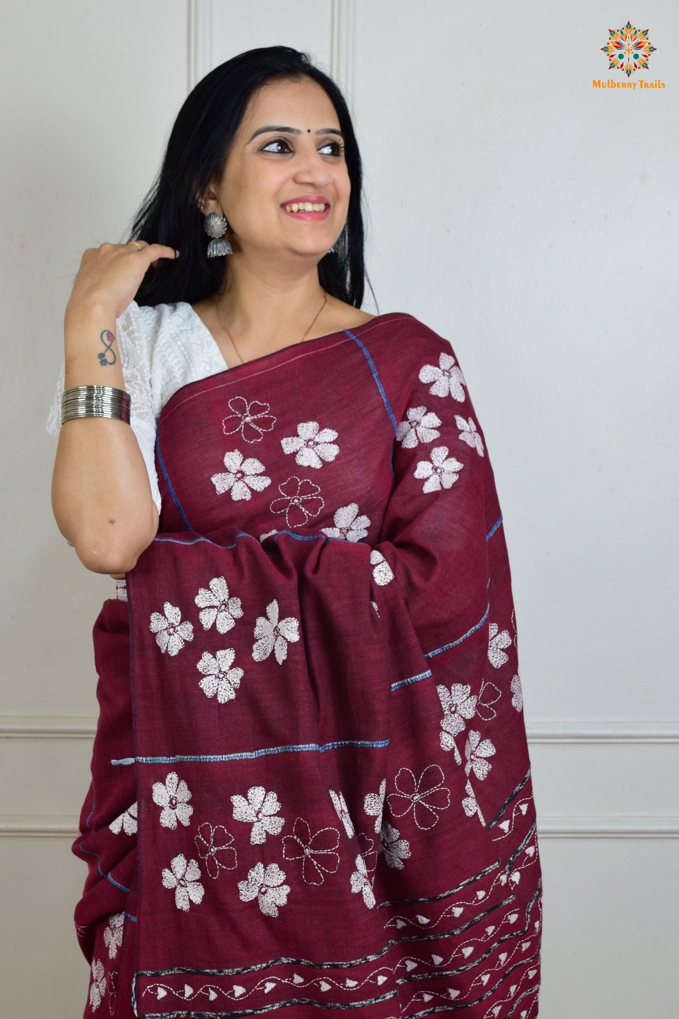 Vipas: Cotton Handloom Saree with Kantha Embroidery