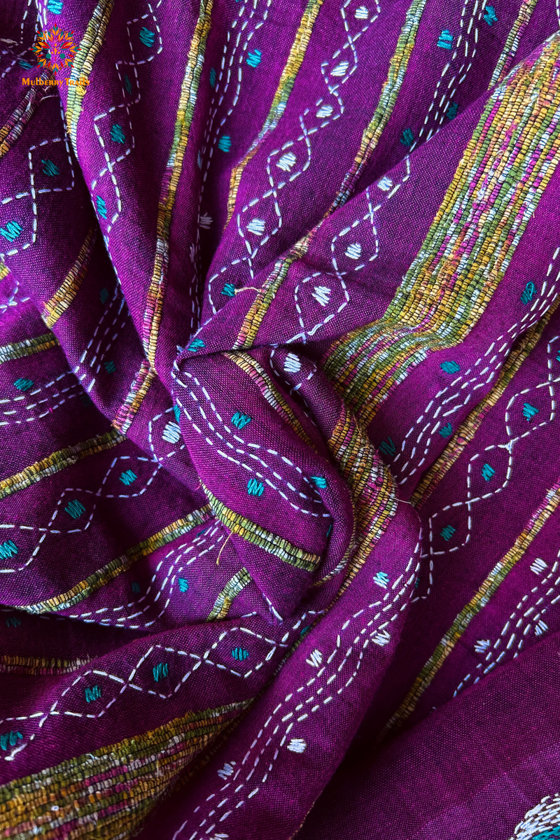 Vipas: Cotton Handloom Saree with Kantha Embroidery - Purple Blue