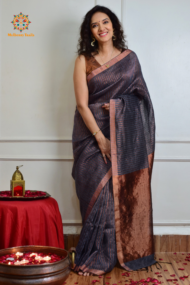 IRA: Premium Linen Sarees with Copper Zari - Grey