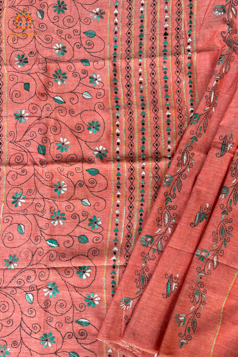 Vipas: Cotton Handloom Saree with Kantha Embroidery