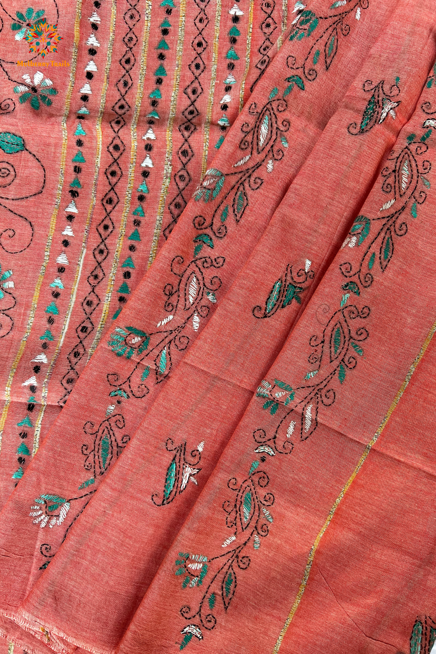 Vipas: Cotton Handloom Saree with Kantha Embroidery