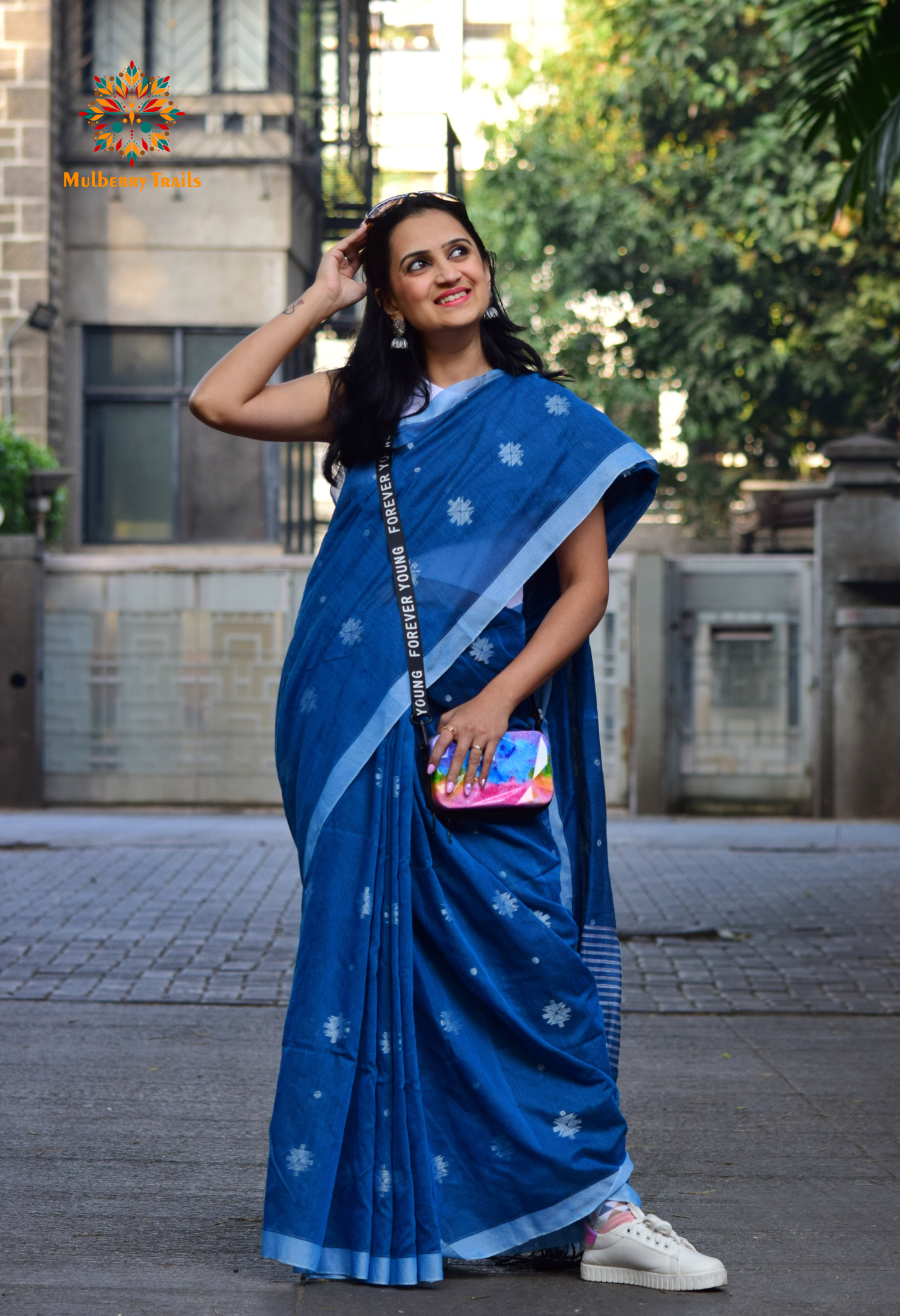 Aravi: Flowy Summer Cotton Saree Denim Blue