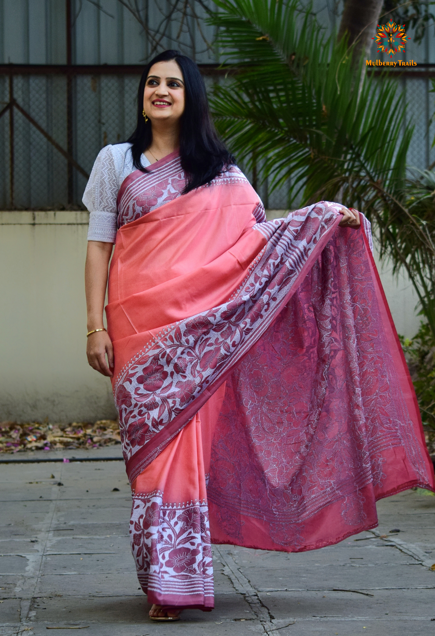 Koyna - Art Silk Kantha Embroidery Saree Pink Two Tone