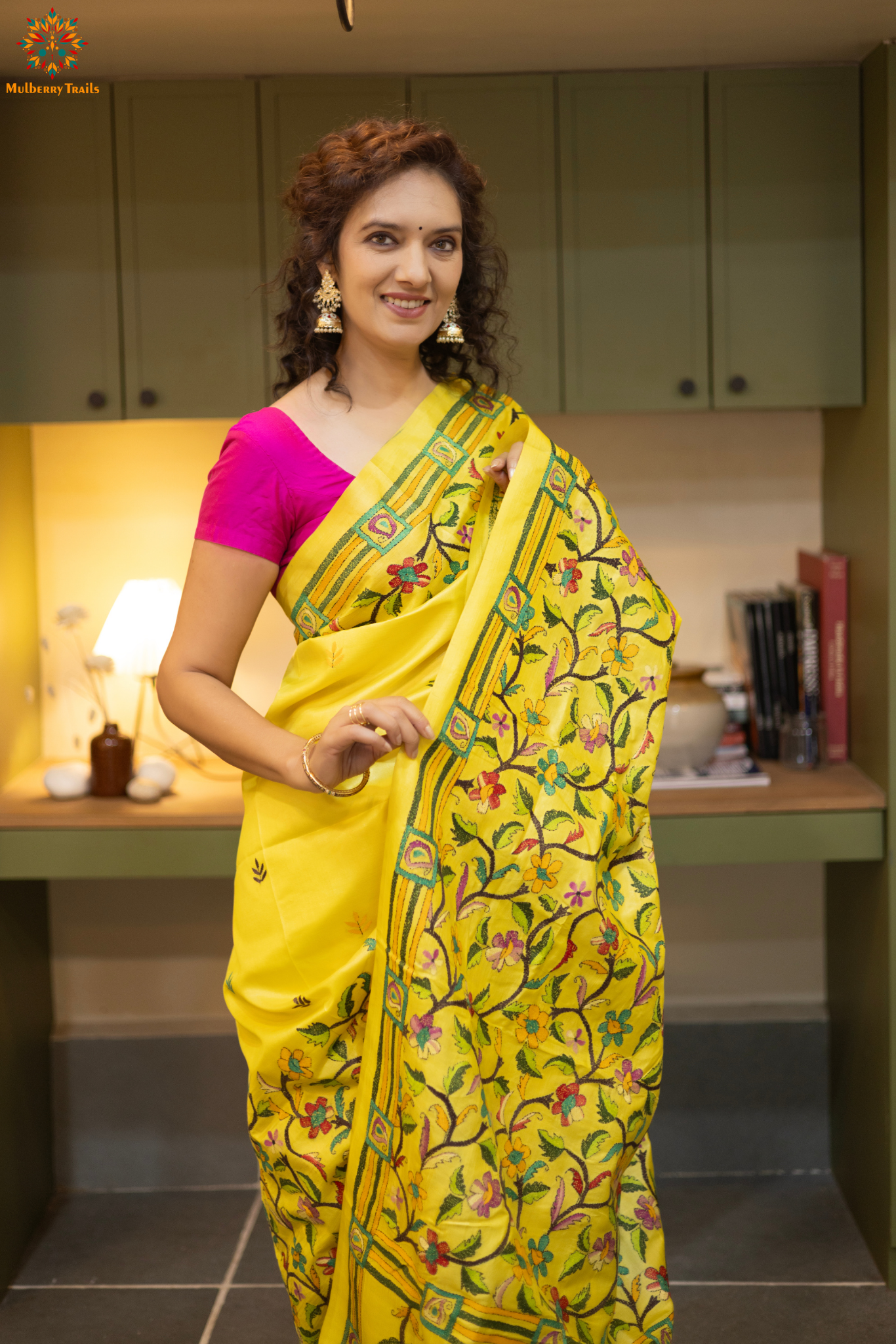 Rima - Tusser silk saree with kantha embroidery yellow
