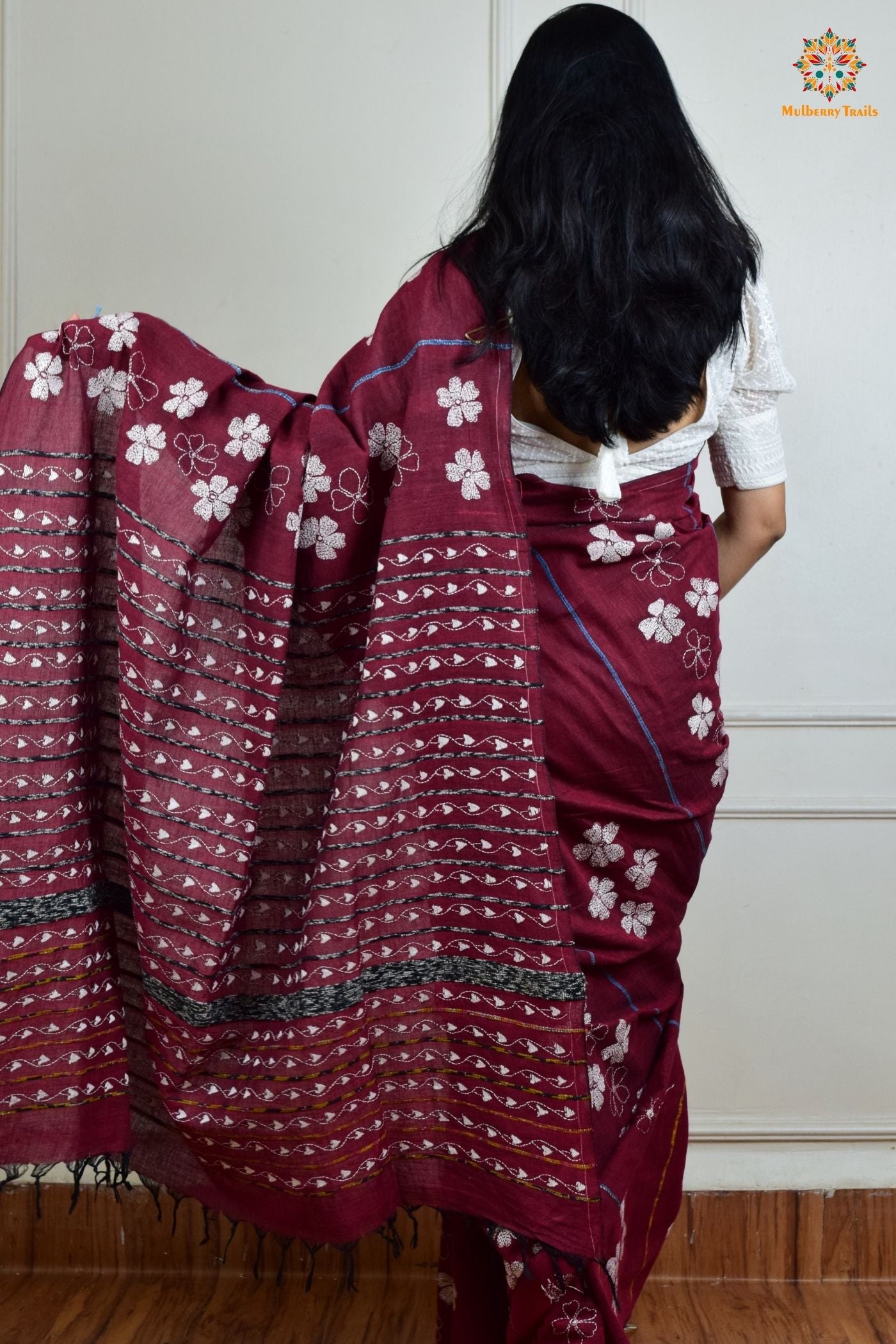 Vipas: Cotton Handloom Saree with Kantha Embroidery