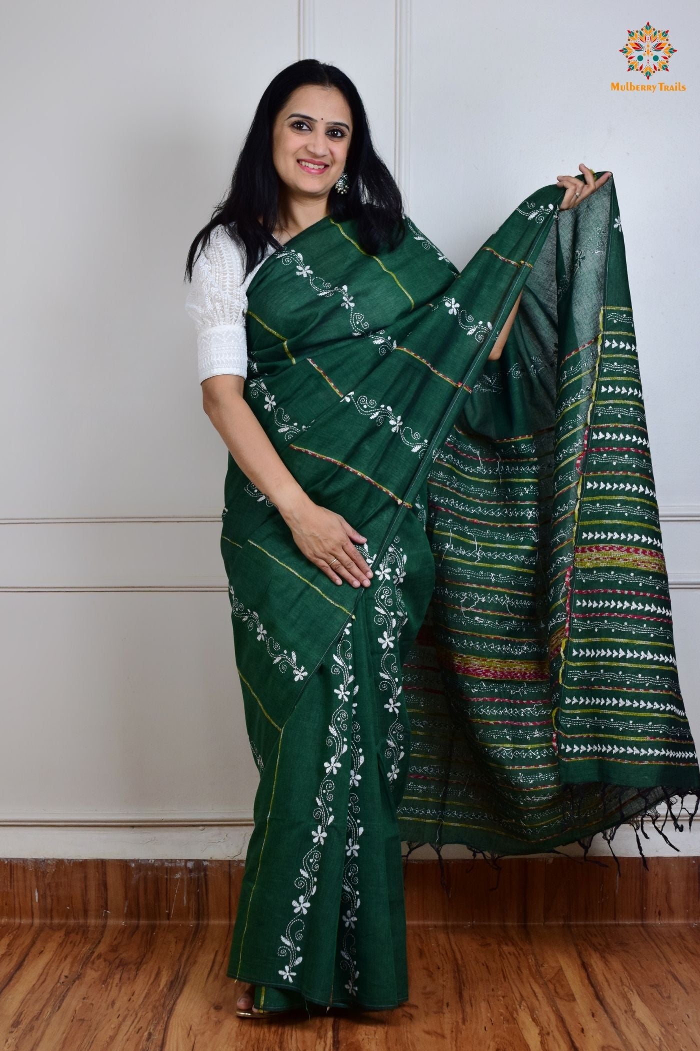 Vipas: Cotton Handloom Saree with Kantha Embroidery