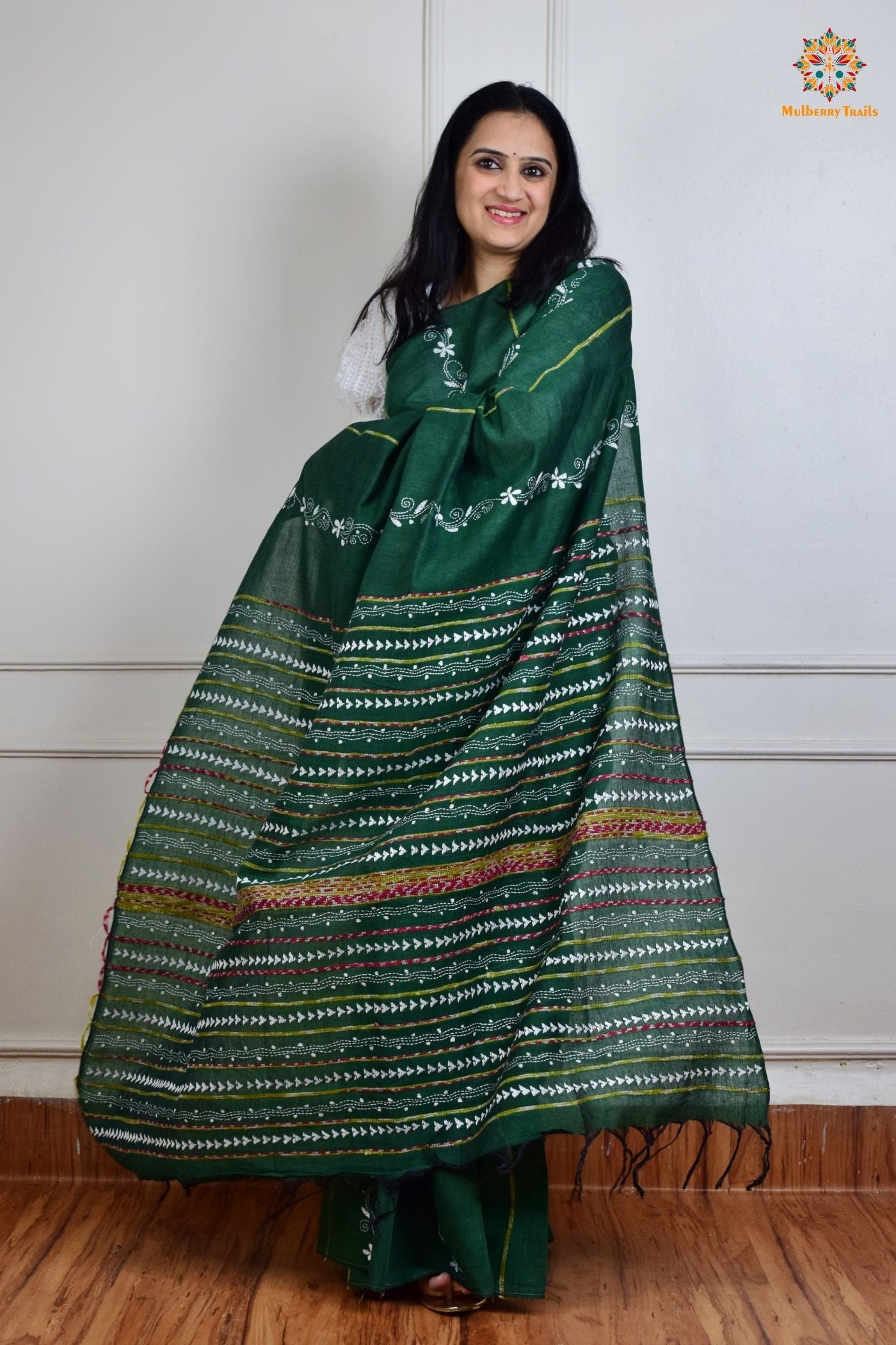 Vipas: Cotton Handloom Saree with Kantha Embroidery