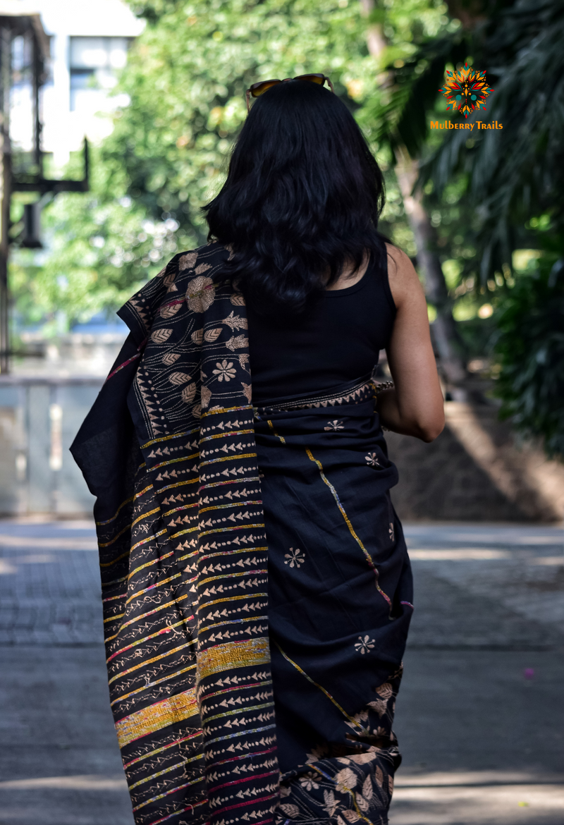 Vipas: Cotton Handloom Saree with Kantha Embroidery - Black