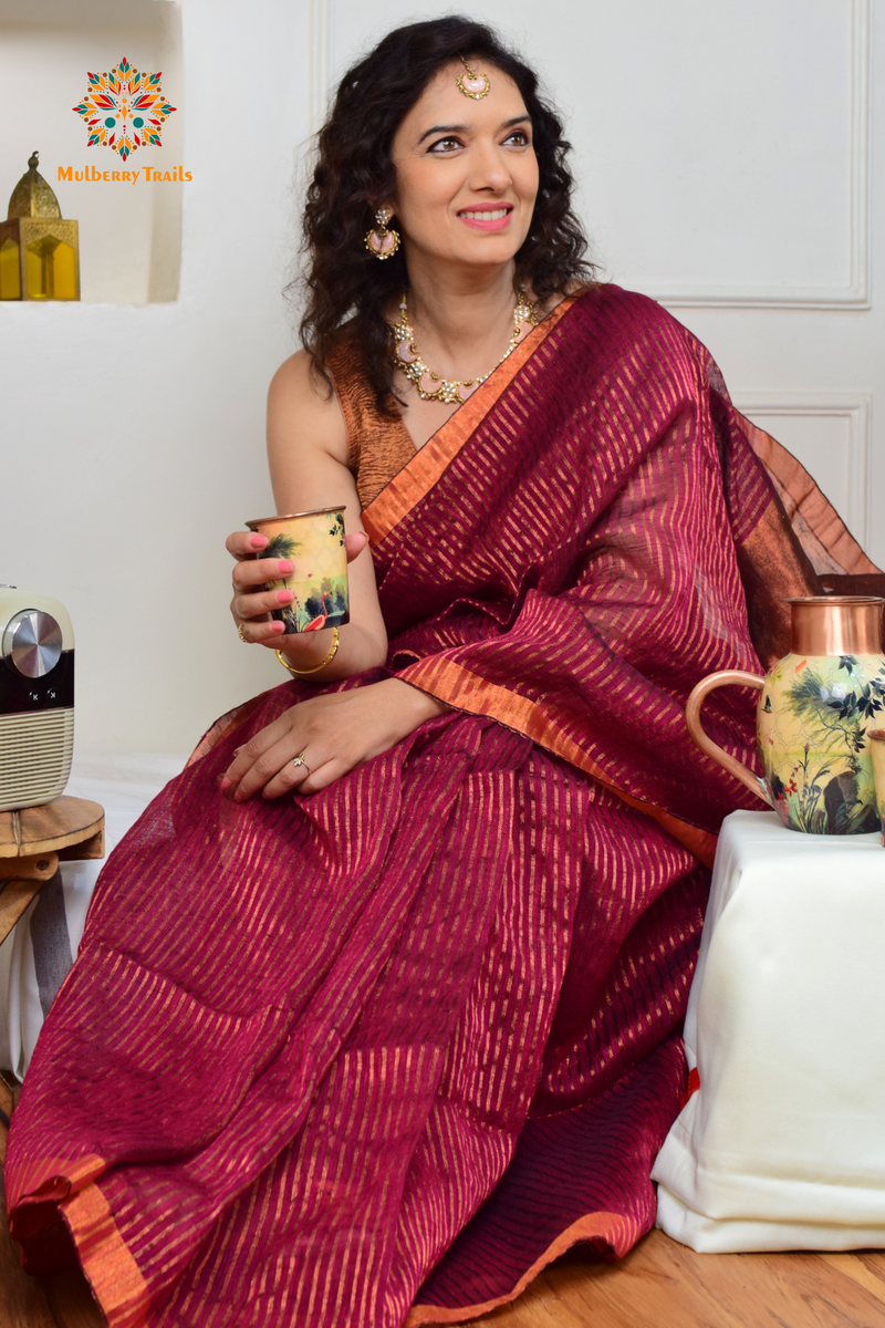 IRA: Premium Linen Sarees with Copper Zari - Fuschia