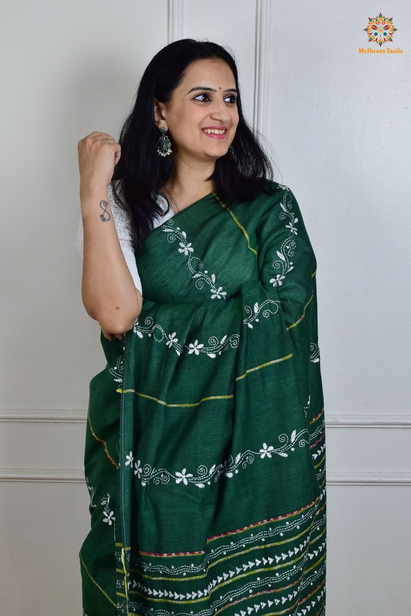 Vipas: Cotton Handloom Saree with Kantha Embroidery