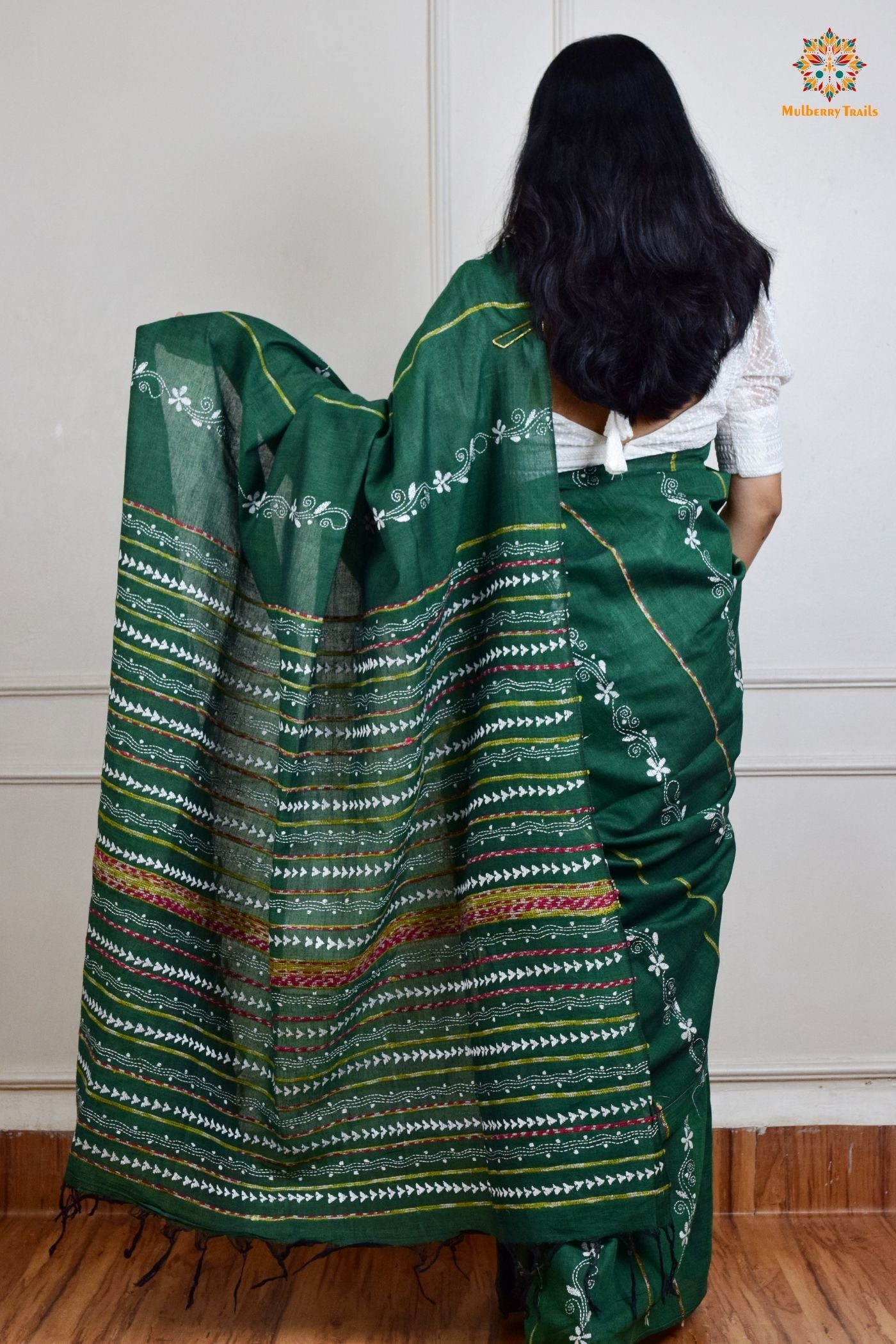 Vipas: Cotton Handloom Saree with Kantha Embroidery