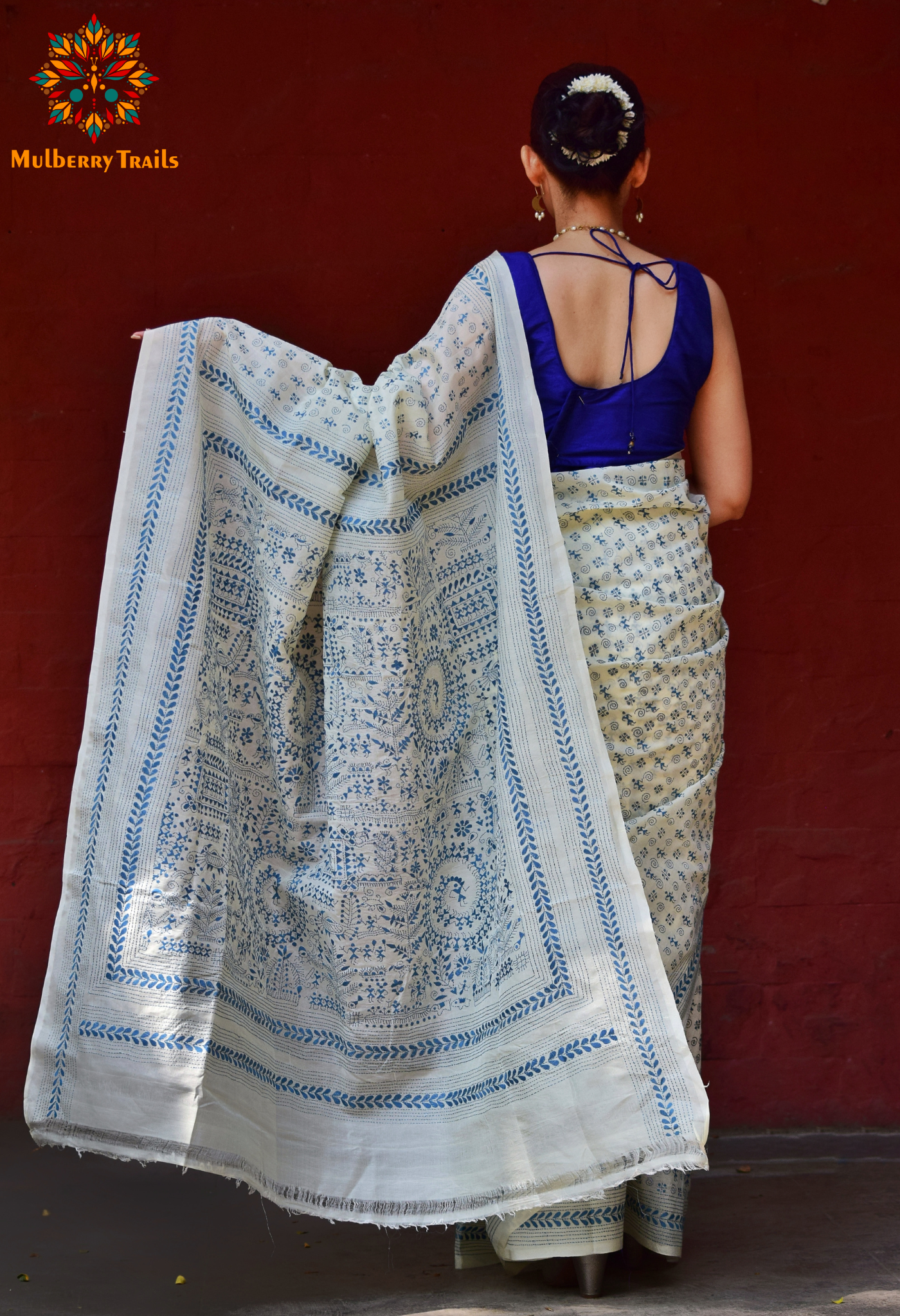 Rima - Tusser Silk Saree with Blue Warli Embroidery Saree