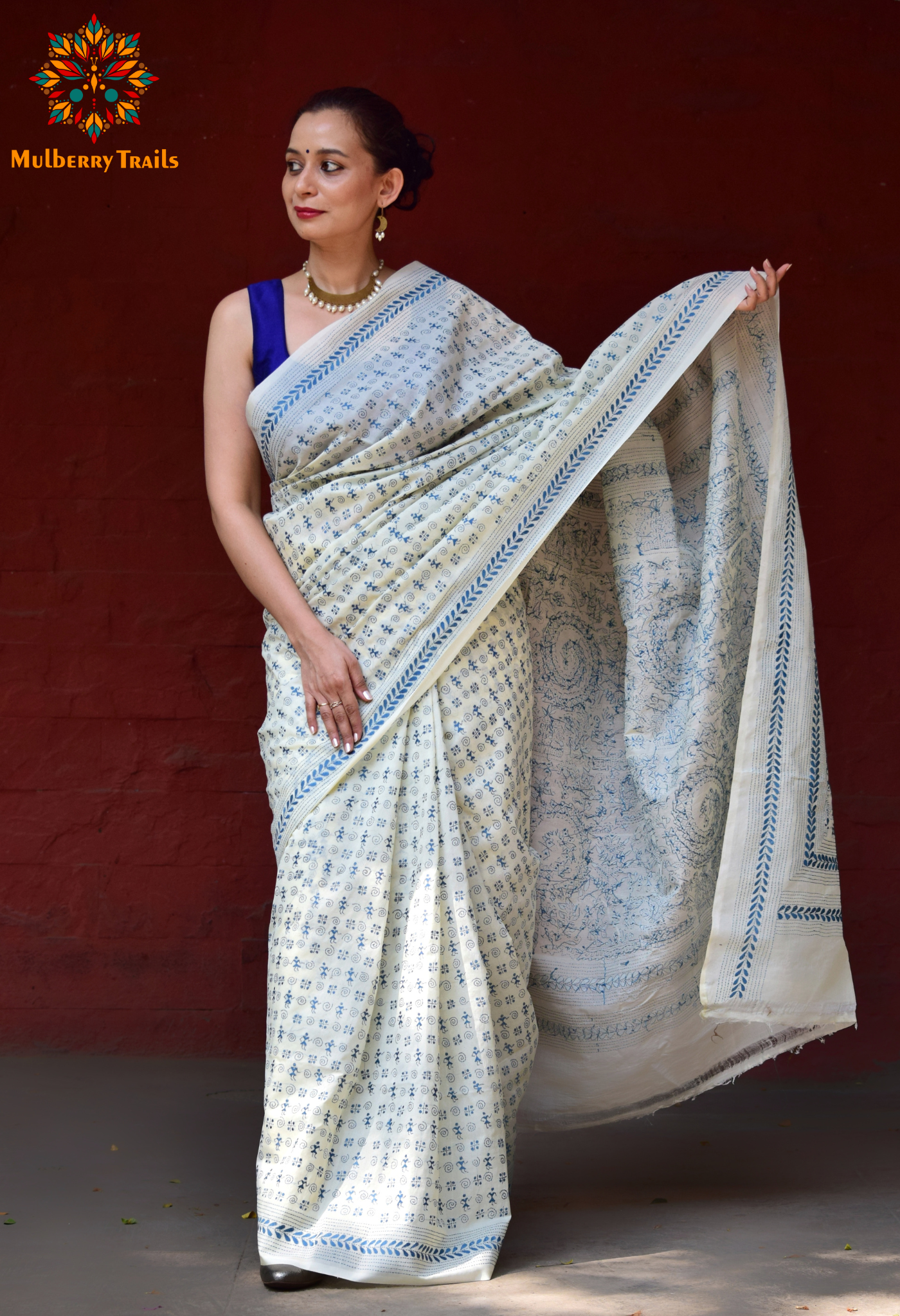 Rima - Tusser Silk Saree with Blue Warli Embroidery Saree