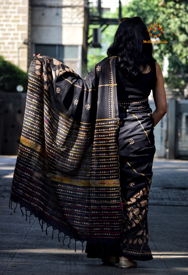 Vipas: Cotton Handloom Saree with Kantha Embroidery - Black