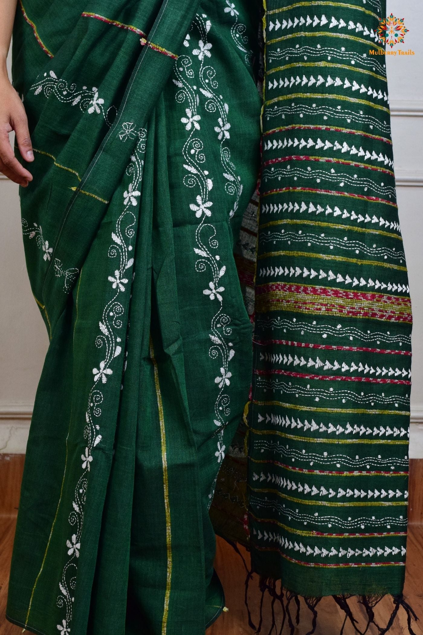 Vipas: Cotton Handloom Saree with Kantha Embroidery