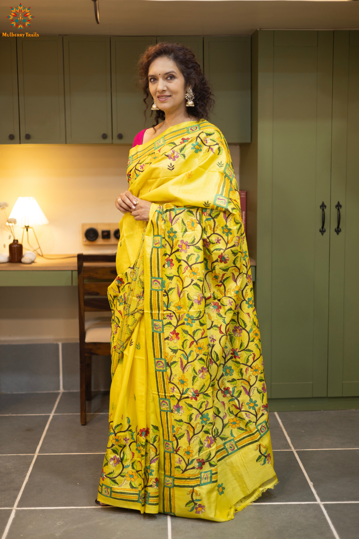 Rima - Tusser silk saree with kantha embroidery yellow