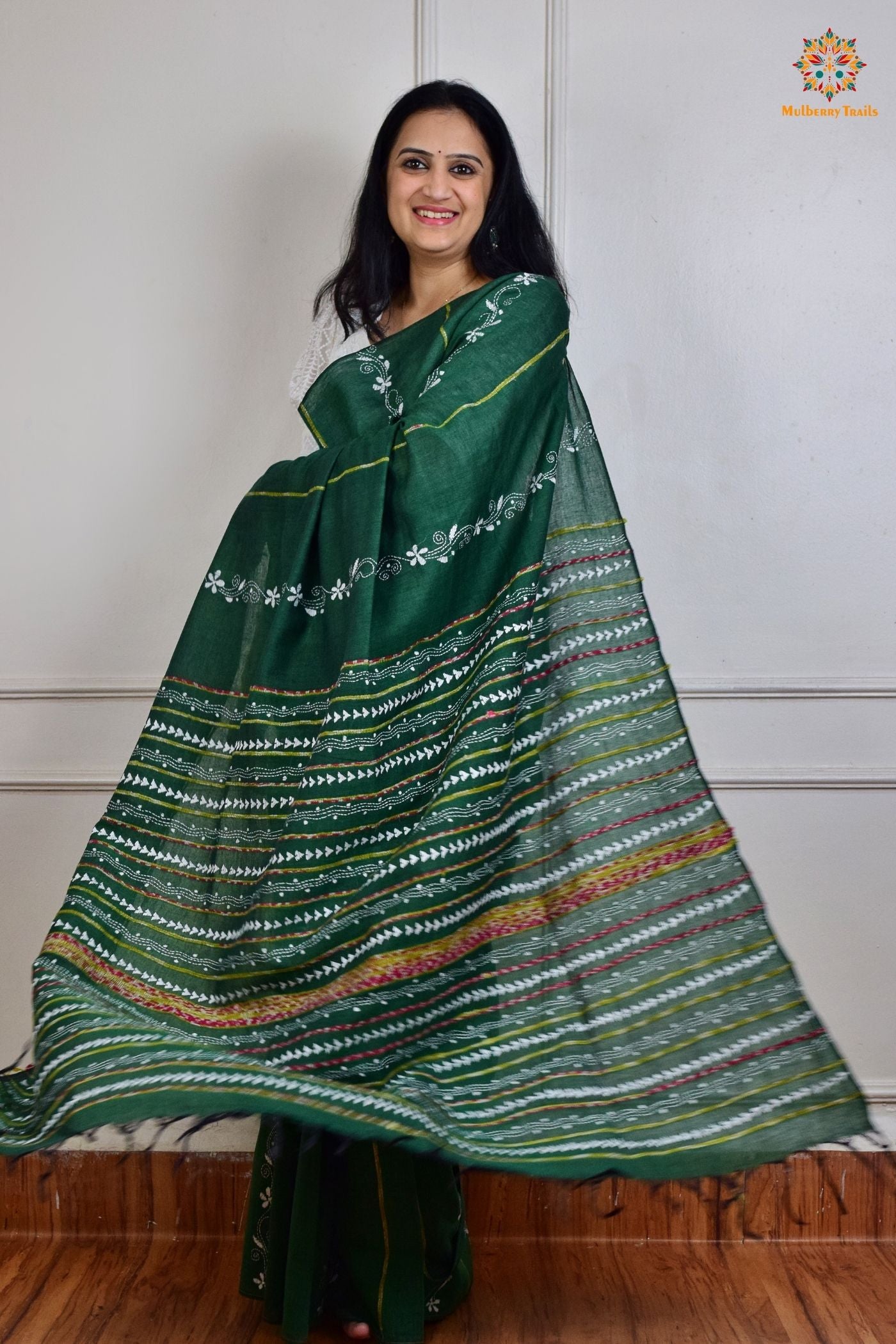 Vipas: Cotton Handloom Saree with Kantha Embroidery