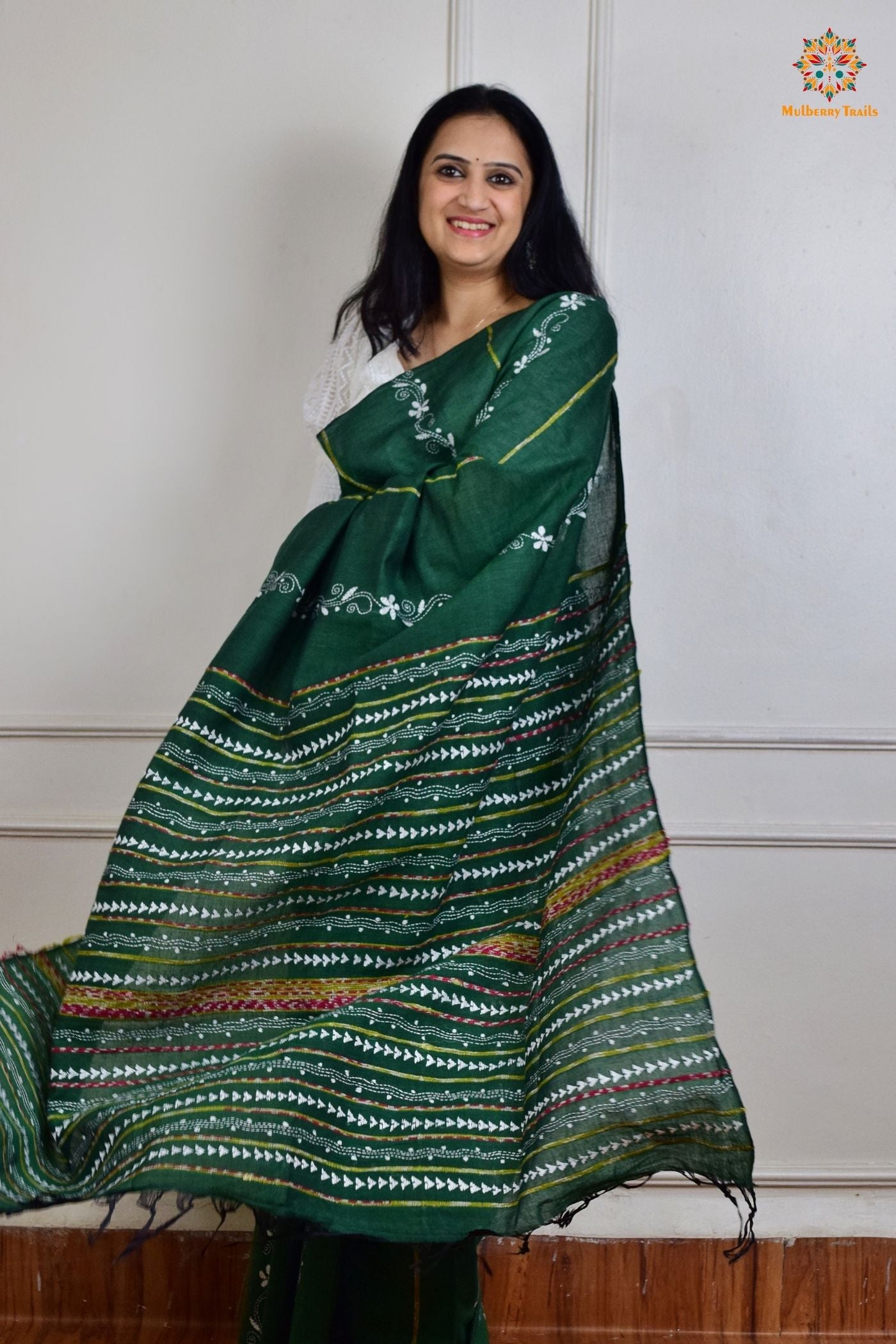 Vipas: Cotton Handloom Saree with Kantha Embroidery