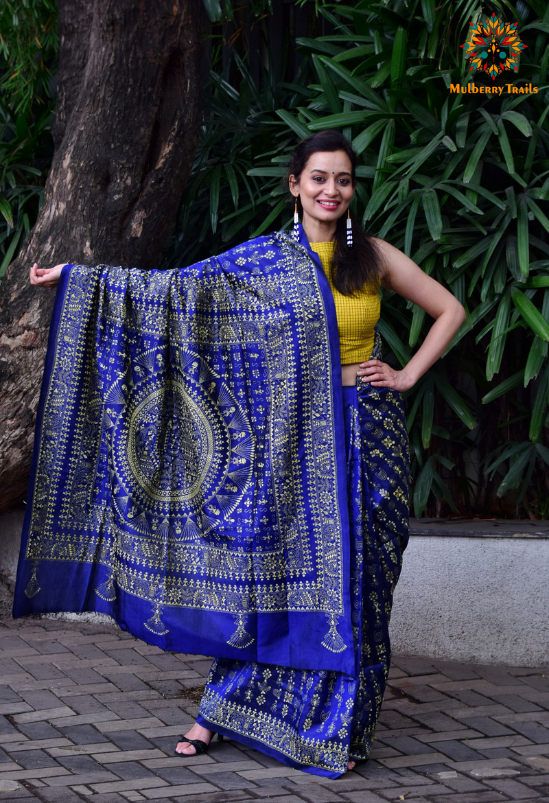 Rima - Pure Bangalore Silk Warli Embroidery Saree Blue