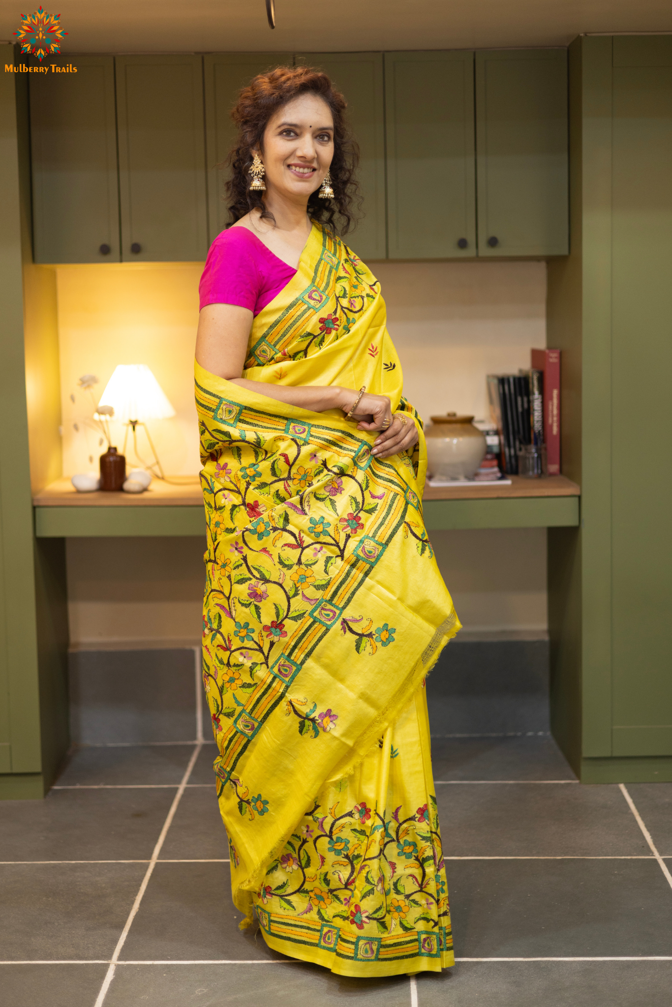Rima - Tusser silk saree with kantha embroidery yellow