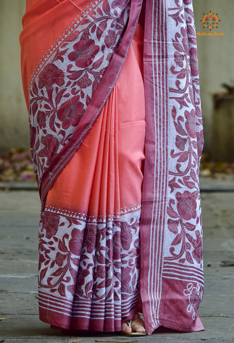 Koyna - Art Silk Kantha Embroidery Saree Pink Two Tone