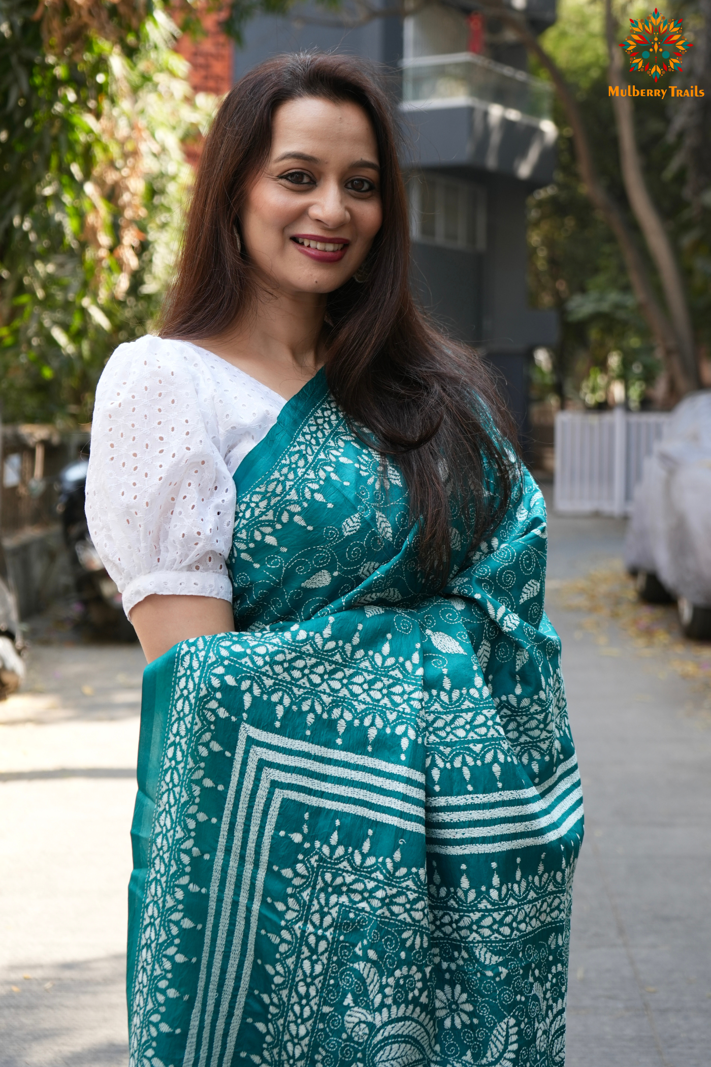 Rima - Cyan Silk Saree with floral Embroidery