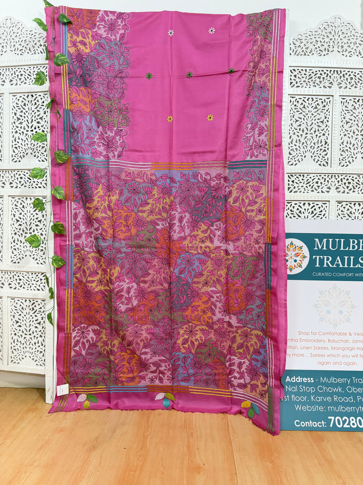 Rima - Bangalore silk saree with kantha embroidery pink