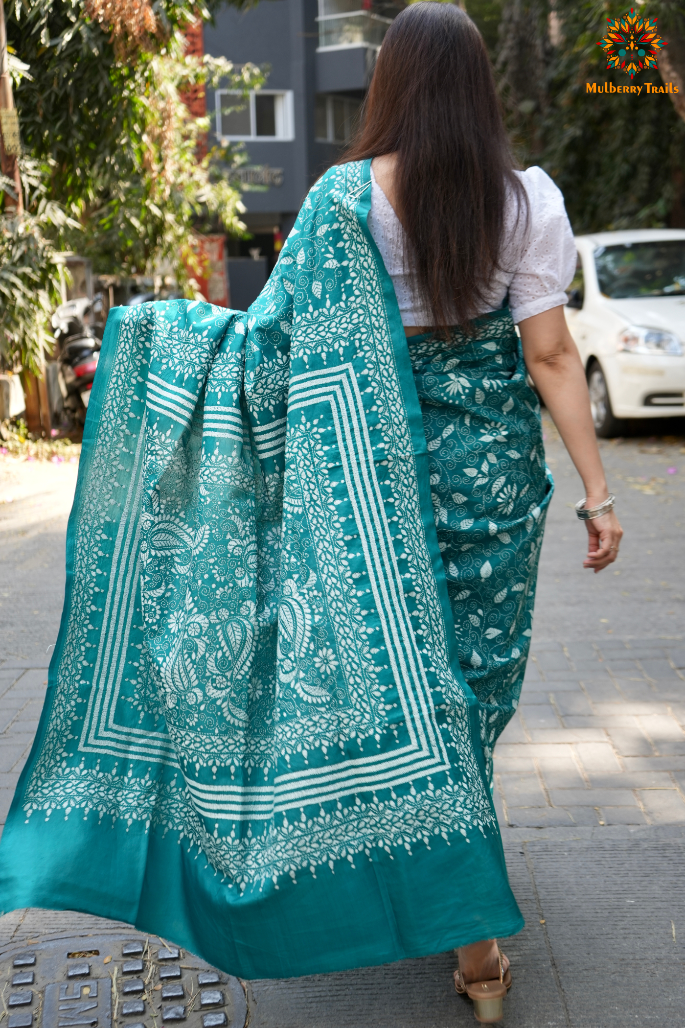 Rima - Cyan Silk Saree with floral Embroidery