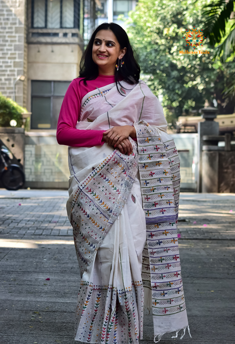Vipas: Cotton Handloom Saree with Kantha Embroidery - white