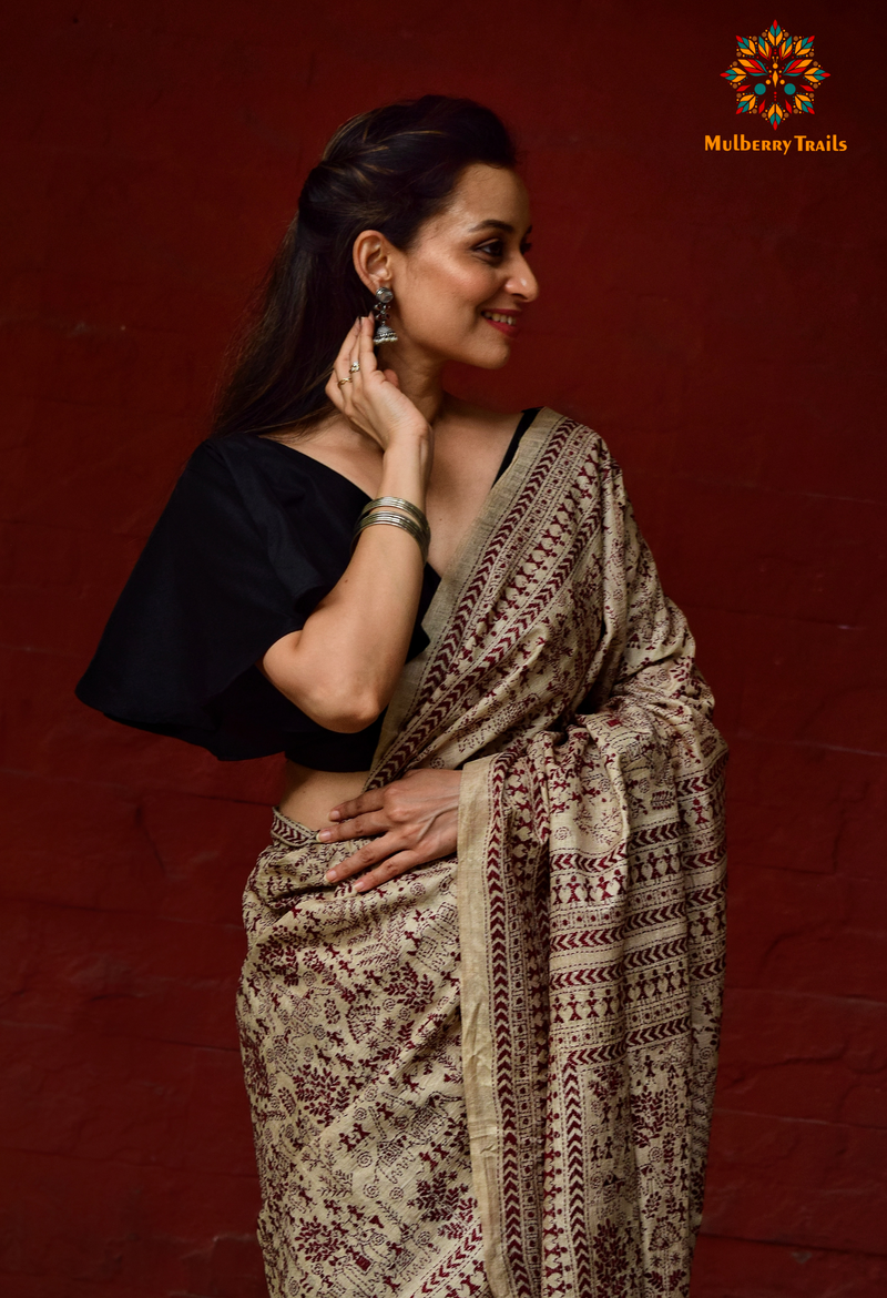 Rima - Pure Ghhachi Tusser Silk Warli Embroidery Saree Maroon