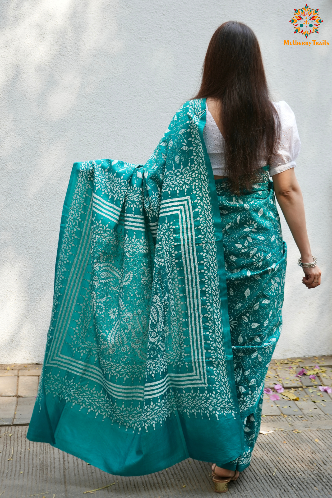 Rima - Cyan Silk Saree with floral Embroidery