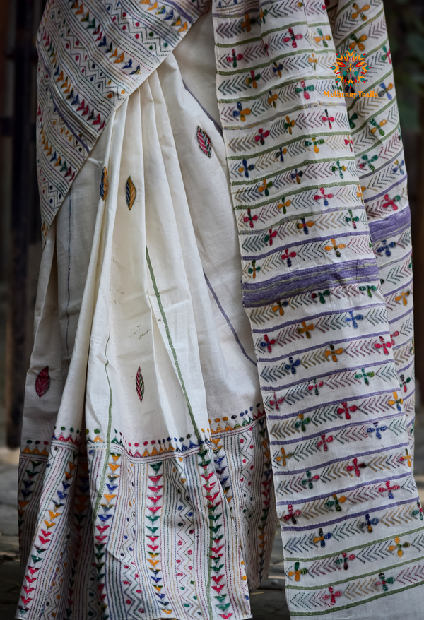 Vipas: Cotton Handloom Saree with Kantha Embroidery - white