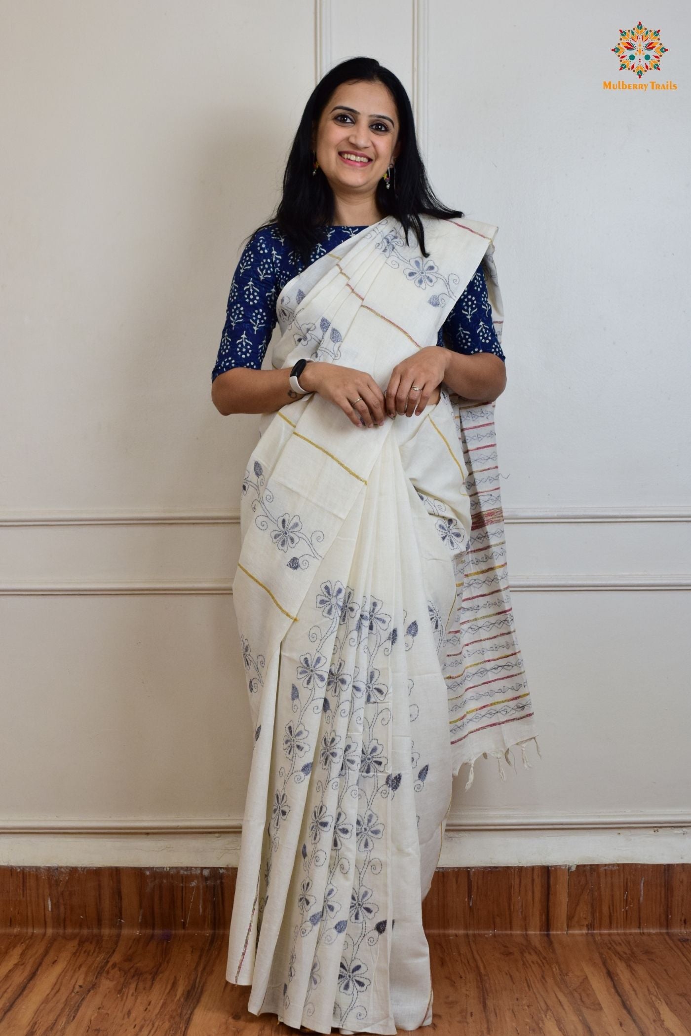 Vipas: Cotton Handloom Saree with Kantha Embroidery