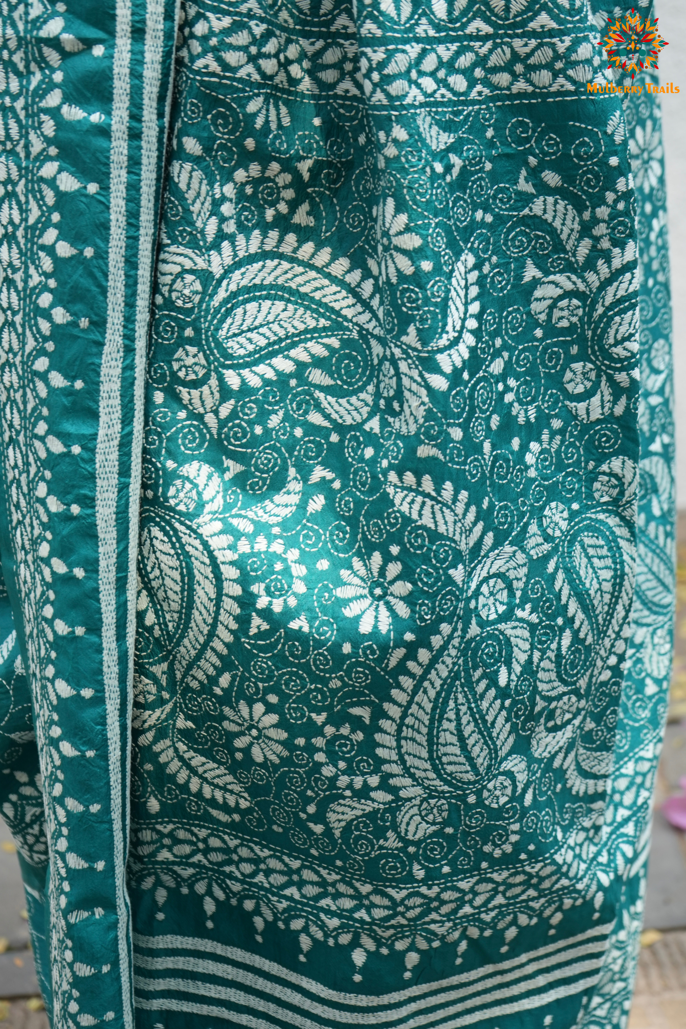 Rima - Cyan Silk Saree with floral Embroidery