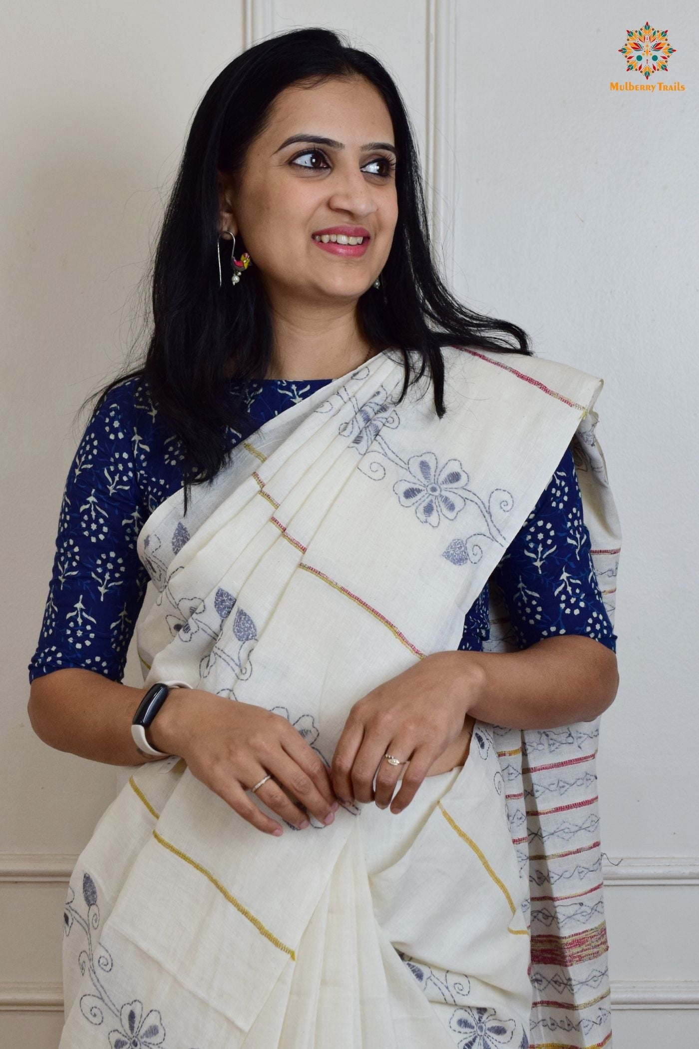 Vipas: Cotton Handloom Saree with Kantha Embroidery